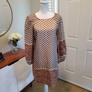 BCBGMAXAZRIA Shift Dress Small 100% Silk Polka‎ dot Long sleeve Lightweight